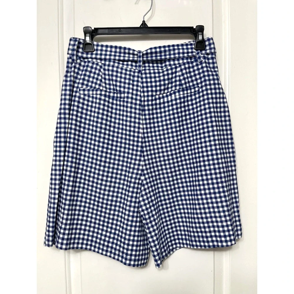 New Avec Les Filles Gingham‎ Linen Blend Belted Shorts Navy Blue White Size 8